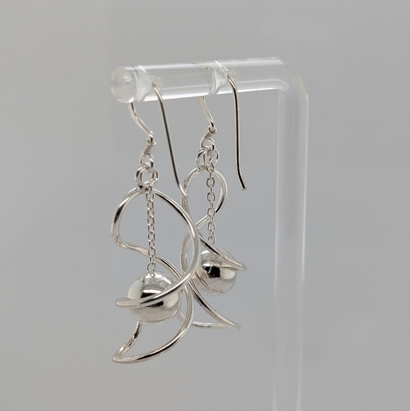Sterling Silver Spiral & Dangling Sphere Earrings - Picture 4 of 7